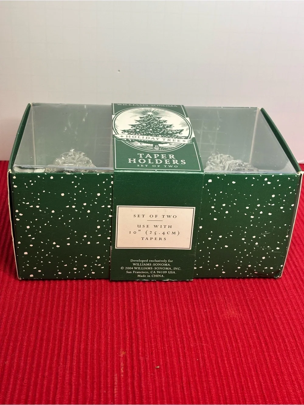 Williams Sonoma Clear Glass Holiday Tree Taper Holders, Set of 2